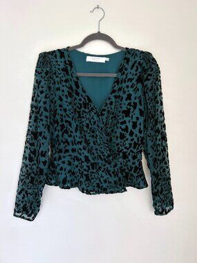 ASTR Green Long Sleeve Wrap Blouse Velvet Print Size S Gently Pre-Loved MSRP $89